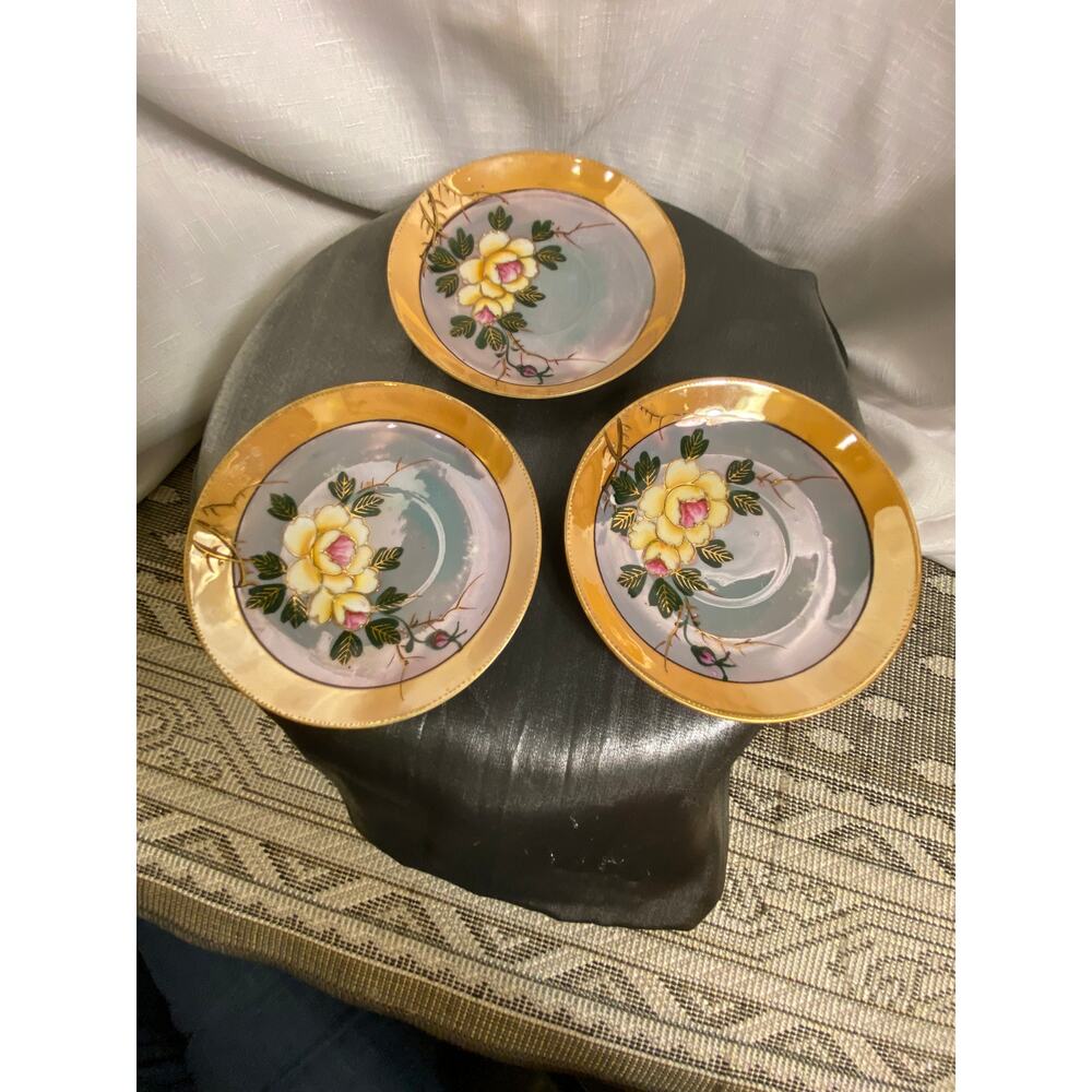 VTG Set of 3 Japanese Luster ware Saucers Blue with Gold Rim Magnolia Lotus VGUC
